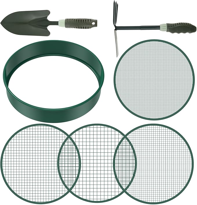 Soil Sifter for Gardening 12 Inch Dirt Garden Sieve Soil Sifter with 4 Replaceable Fine Screens and 2 Gardening Tools Rock Sieve Sifter Soil Sieve Sifter Set Sifting Pan