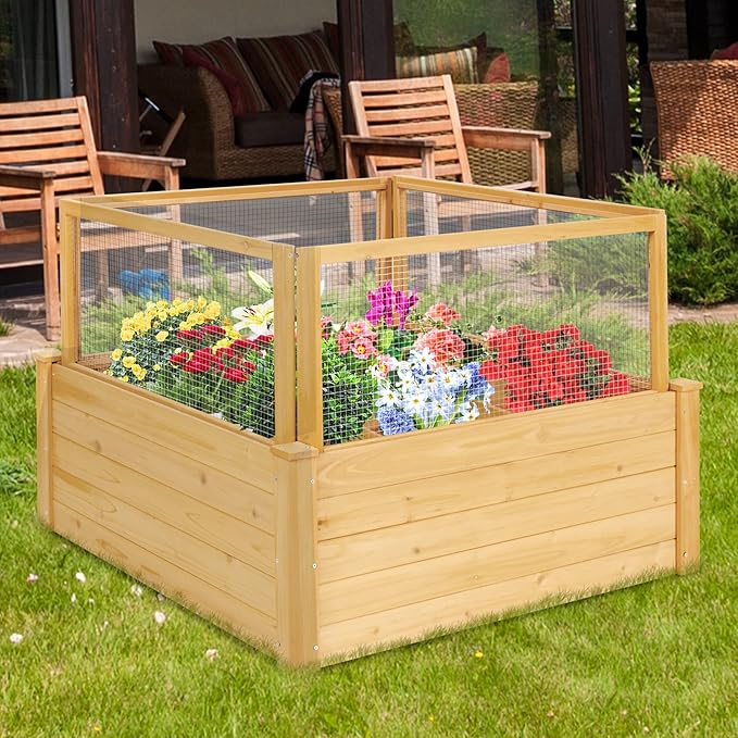 Giantex Raised Garden Bed with Fence Wood Planter Raised Bed with Critter Guard Fence 9 Grids Plant Container Outdoor Plant Box for Garden Patio Backyard Balcony (42 Lx42 Wx32.5 H)