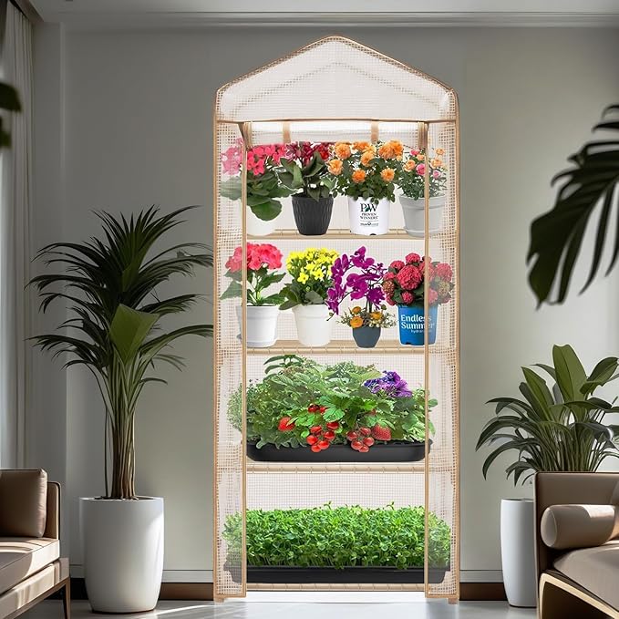 4-Tier Mini Greenhouse – Indoor or Outdoor Gardening Hot House with PE Zippered Cover and Metal Shelves for Growing Vegetables Flowers and Seedlings 63'' H x 27'' L x 19'' W (PLGH704OWW)