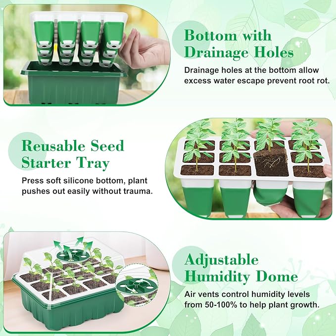 Reusable Silicone Seed Starter Tray 60 Cells Seed Starter Kit with Humidity Adjustable Dome and Lid Plant Germination Trays with Repotting Mat 5 Packs Germination Kit for Seeds Grow Starting