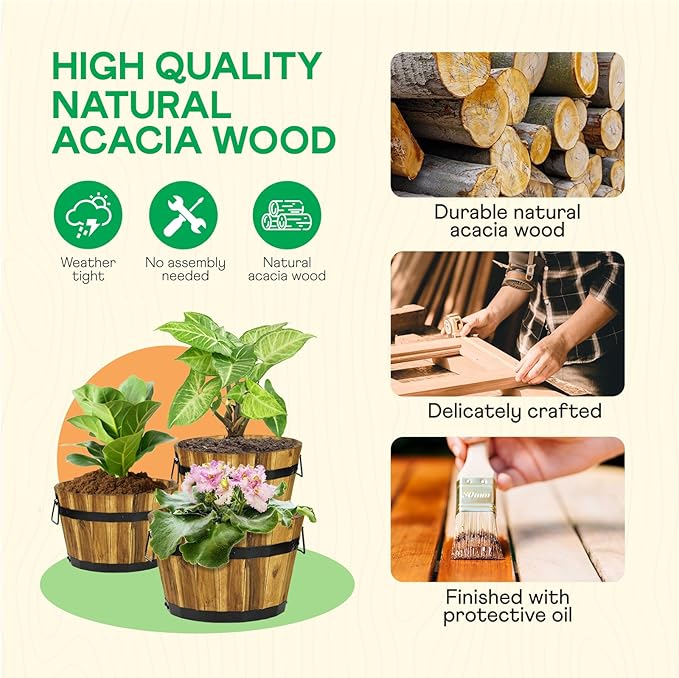 Idzo Set of 3 Wooden Flower Planters for Outdoor Plants Acacia Wood Barrel Planters Ergonomic Handles Drainage Holes Various Sizes Golden Teak