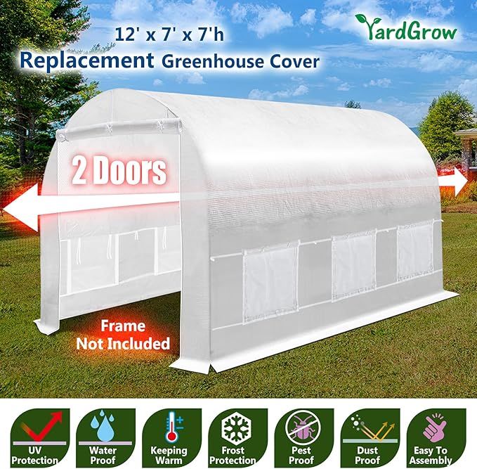 YardGrow 2-Doors Replacement Greenhouse Cover for Larger Walk in Outdoor Yard Plant Gardening Hot House Cover ONLY (12'x7'x7' White)