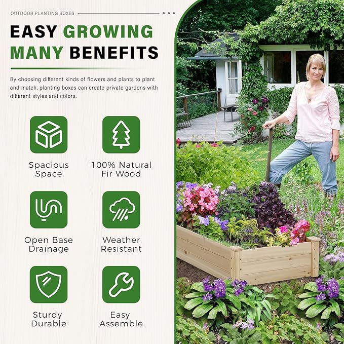 Oakcloud Outdoor 8ft Wooden Raised Garden Bed Planter Box Kit and 4 Garden Bed Fences for Vegetables Fruits Herb Grow Gardening