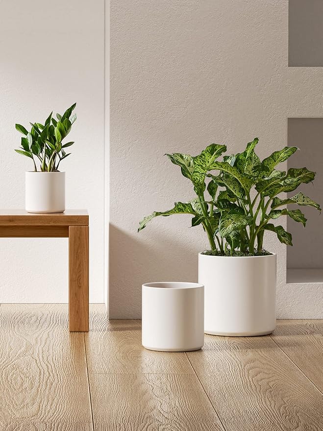 LE TAUCI Ceramic Pots for Plants 10/8/6 Inch Indoor Planters with Draiange Hole Silicone Plug &amp Mesh Pad Modern Minimalist Pots for Home Office Set of 3 Satin White