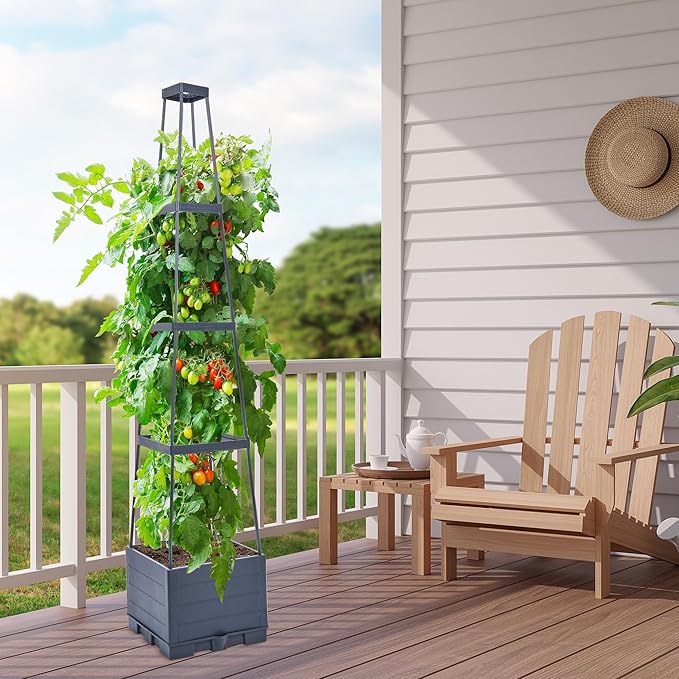 GENMOUS Raised Garden Bed with Tomato Planter Box Trellis 56'' Tomato Cages for Garden Tomato Planter Cage for Patio for Climbing Plants Vegetable Vine Flowers Outdoor &amp Indoor 4 Pack