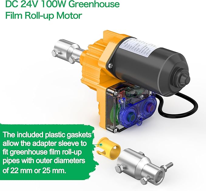 Upgraded DC 24V 100W Greenhouse Film Roll Up Motor Kit with Climbing Device – for Side Windows and Roof Vents of Plastic Film Greenhouses