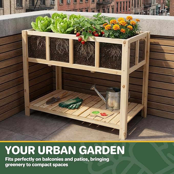 Raised Garden Bed Outdoor with Shelf 43.7''x23.2''x30.7''Wood Planter Box with Transparent Window Drainage Holes Liner Garden Beds Flower Stand for Balcony Kitchen Gift for Gardening