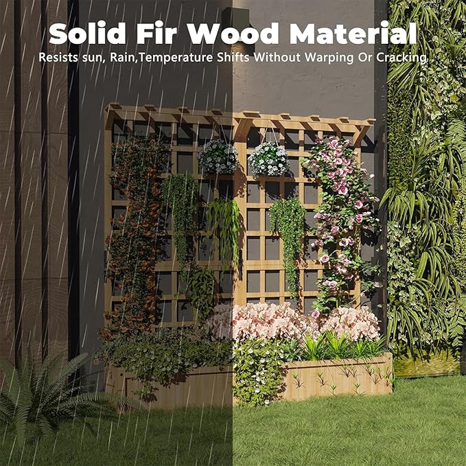 Raised Garden Bed 63 Elevated Wooden Planter Box with Lattice Trellis Wooden Planter Box with Hanging Roof &amp Drainage Holes for Vine Climbing Plants Flower Herb &amp Vegetable