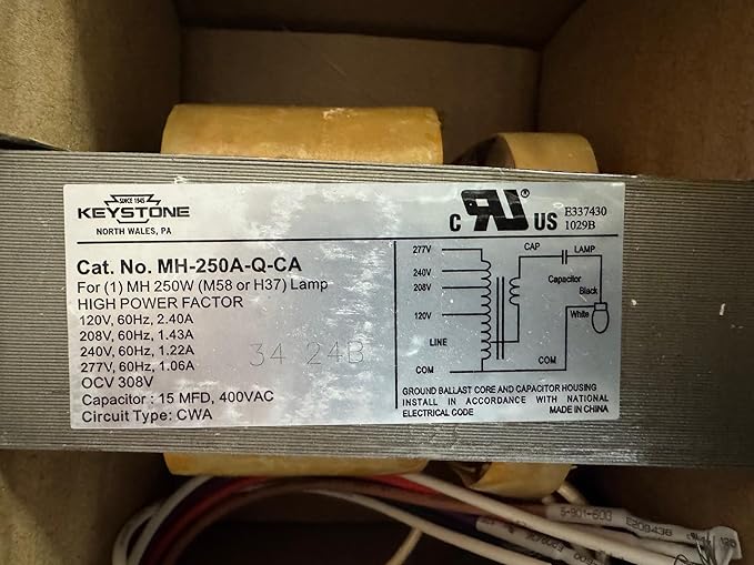 MH-250A-Q-KIT 250 Watt Metal Halide Ballast Kit 4 Tap 120/208/240/277V M58 CWA without Ignitor 4.3 x 1.65 x 4.8