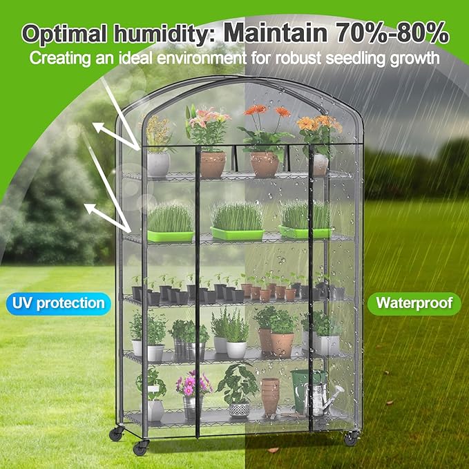 Abimars 5-Tier Greenhouse with Caster Wheel Each Shelf Height Adjustable Metal Plant Shelf with PVC Cover for Seed Starting Trays Seedling Pots Plant Pots 21x49x80inch