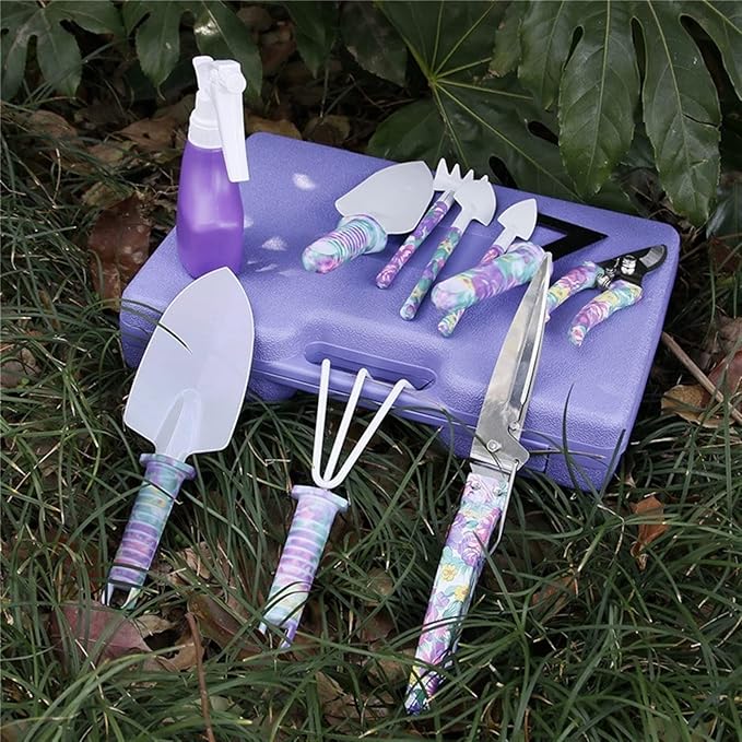 Garden Tools Set 10 Pieces Gardening Tools Garden Hand Tools with Purple Floral Print Ergonomic Handle &amp Carrying Case (Color : Blue)