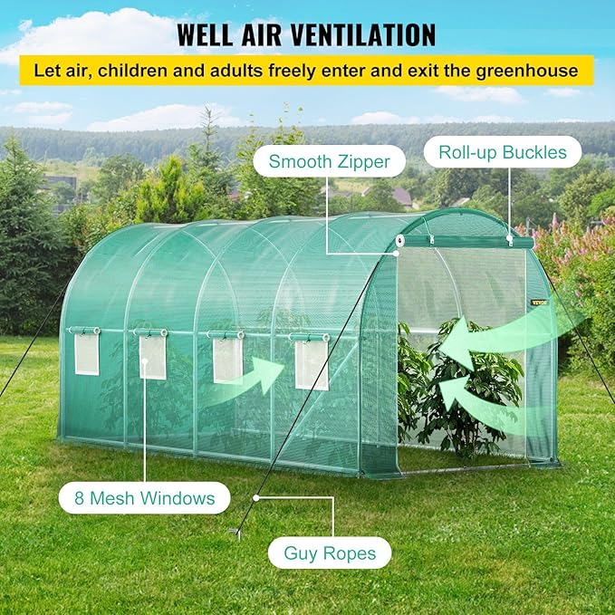 Walk-in Tunnel Greenhouse 14.8 x 6.6 x 6.6 ft Portable Plant Hot House w/ Galvanized Steel Hoops 1 Top Beam Diagonal Poles Zippered Door &amp 8 Roll-up Windows Green