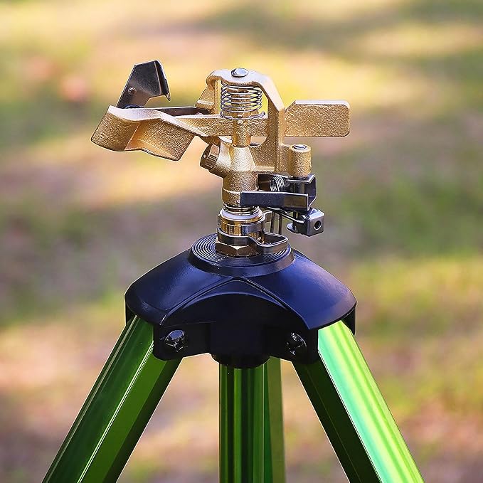 Triumpeek 2 Pack Impact Sprinkler on Tripod Base with Stakes 360 Degree Large Area Coverage Irrigator with Extension Legs Adjustable Brass Sprinkler Head Nozzle and 3/4 NH Inlet Hose Connection