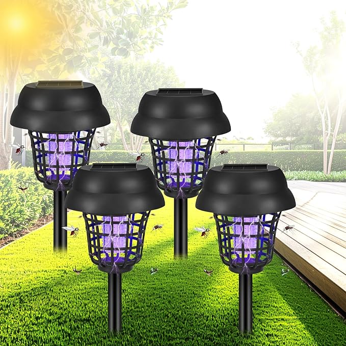 4 Pack Solar Bug Zapper Outdoor Waterproof Solar Powered Mosquito Zapper &amp Killer for Gnats Flies Moths Fruit Flies Decorative Ground Stake Light for Garden Patio Backyard Auto ON/Off