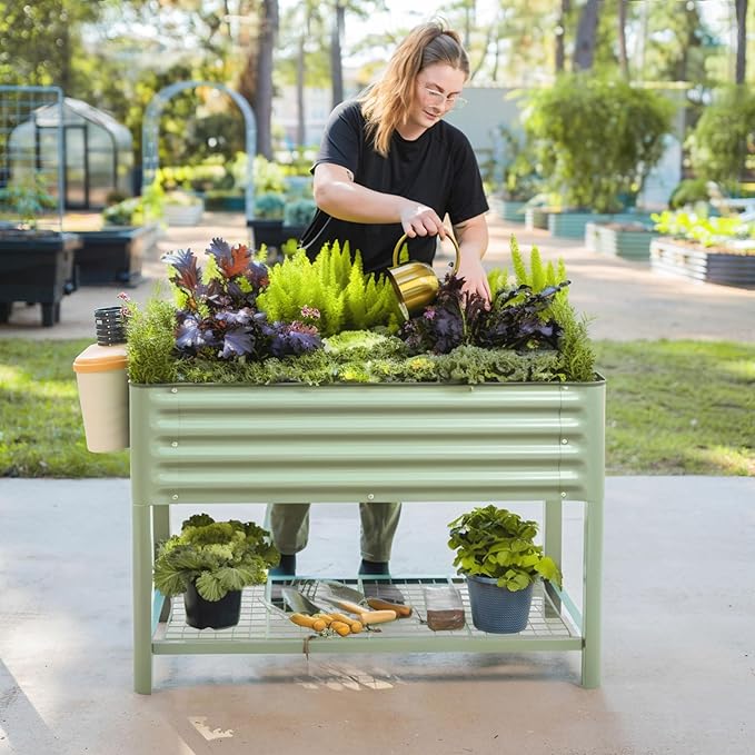 Elevated Raised Garden Bed-V Series 2' x 4' Garden Beds with Legs &amp Storage Rack for Patio Porch 700 Lbs Weight Capacity Outdoor Planter Boxes for Gardening Herbs Vegetables Flowers Olive Gree