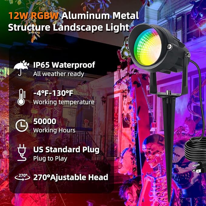 Christmas Spotlights Outdoor 12W RGB Color Changing Landscape Lighting 120V Waterproof Spotlight with Plug &amp Remote for House Garden Path Tree Patio Lawn Decoration （2 Pack