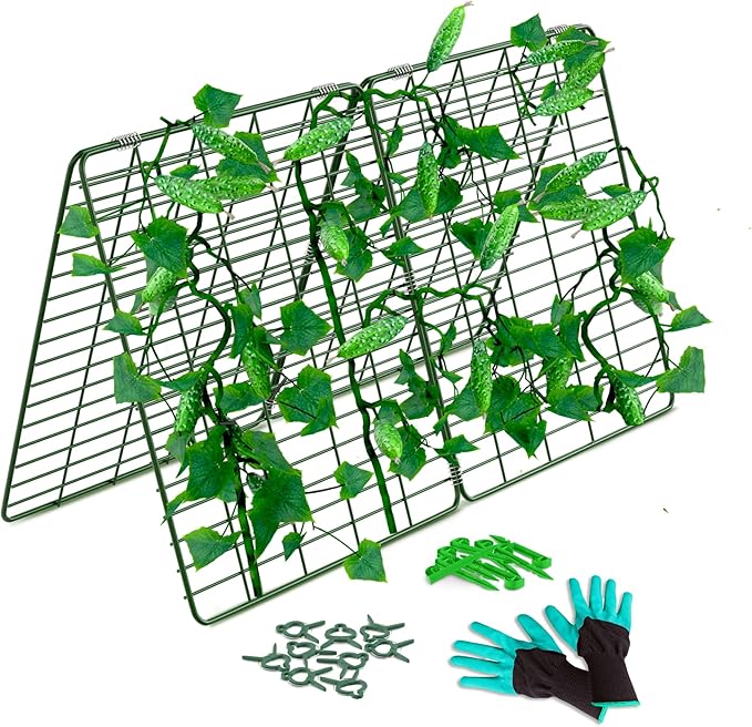 Cucumber Trellis for Raised Bed - 35 x 55 Garden Trellis for Climbing Plants Outdoor - A Frame Trellis for Climbing Vegetables with Plant Support Clips and Gloves