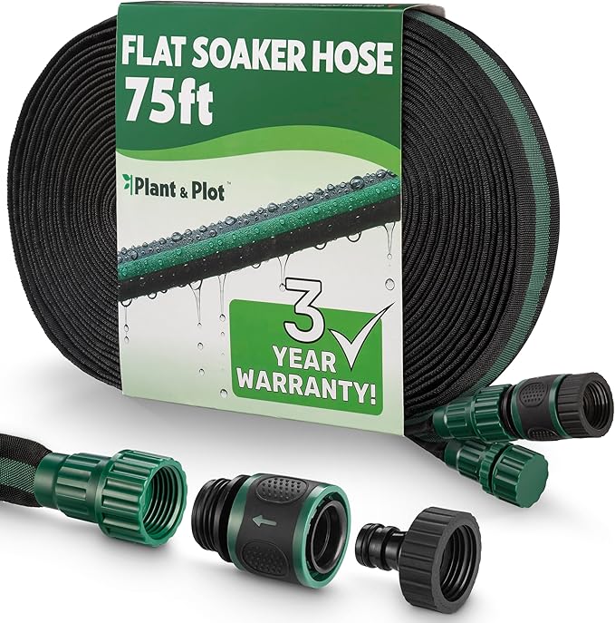 Flat Soaker Hose 75ft for Garden // Drip Hose for Garden Beds Lawns and Trees // Heavy Duty Leakproof Design with Quick Connect // Linkable Irrigation System for Vegetables and Flowers