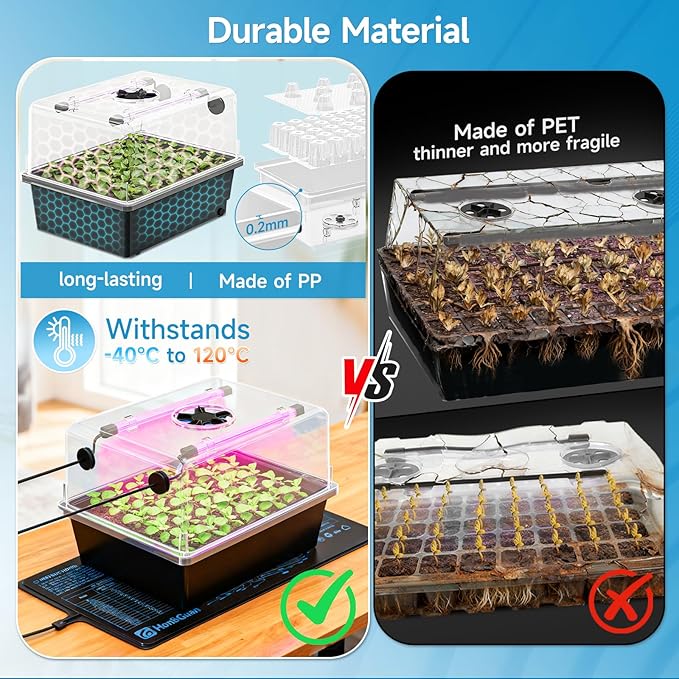 Hon&ampGuan 1 Pack Seed Starting Kit - 30 Cell Seed Starter Tray with Higher 5.3” Humidity Dome LED Growing Lights and 10x20.75 Seedling Heat Mat Adjustable Vents - Germination &amp Plant Propag