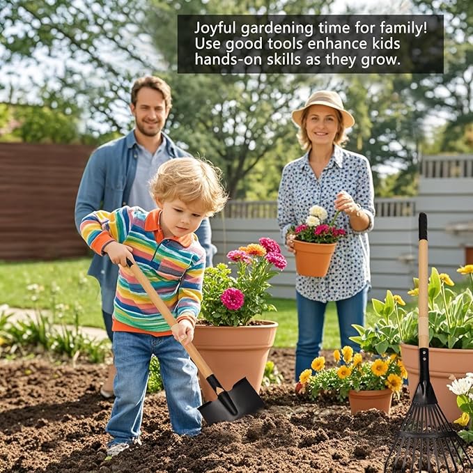 Kids Rake and Shovel Set 2Pcs Garden Tools Metal Head with Wooden Handle Great Gardening Gifts for Boys Girls Age 3 and Up
