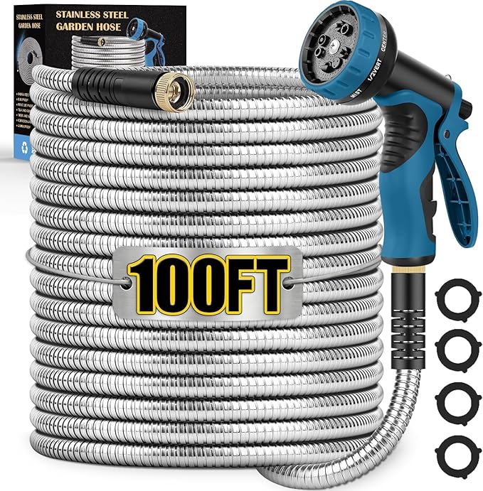 Metal Garden Hose 100FT Stainless Steel Water Hose with 10 Function Nozzle Solid Brass Fittings Lightweight Kink-Free &amp Dog Chew Proof for Lawn Yard RV Car Wash 550PSI