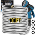 Metal Garden Hose 100FT Stainless Steel Water Hose with 10 Function Nozzle Solid Brass Fittings Lightweight Kink-Free &amp Dog Chew Proof for Lawn Yard RV Car Wash 550PSI