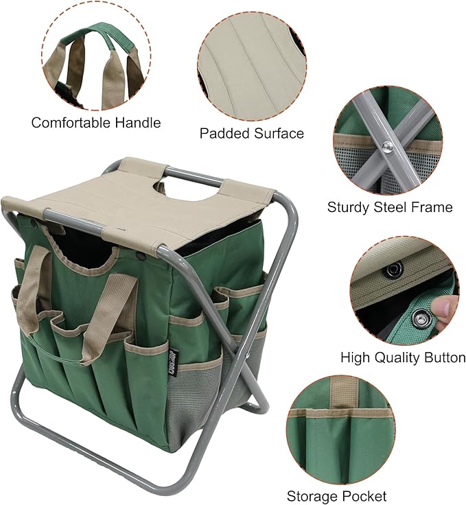 MDSTOP Folding Gardening Stool with Detachable Storage Tote Bag Gardening Tools Set Organizer for Fishing Outdoor Sports Hiking Camping Garden Gardening Gifts for Mom/Dad and Gardeners (Polyester)