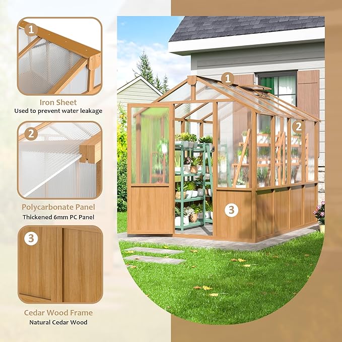 6x8 FT Greenhouse 6MM Thick Polycarbonate Panel Wooden Walk-in Green House with Adjustable Roof Vents and Lockable DoorGarden Backyard Patio Lawn Brown