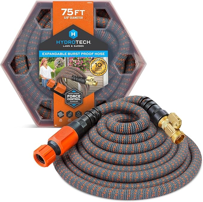 HydroTech 75 ft Expandable Garden Hose - Burst Proof &amp Lightweight Flexible Water Hose with Durable Reinfordced Latex Core &amp Solid Brass Fittings for Lawn Garden Car Washing