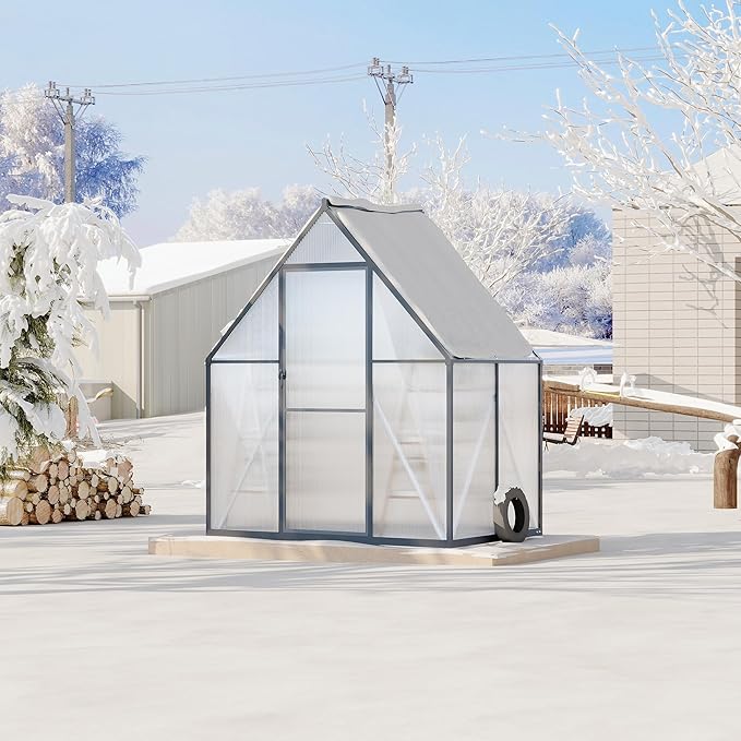 6x4 ft Greenhouse Aluminum-Framed Greenhouse for Outdoors Large Walk-in Green House with Quick Setup Structure and Roof Vent for Outside Garden Backyard Patio Lawn Silver