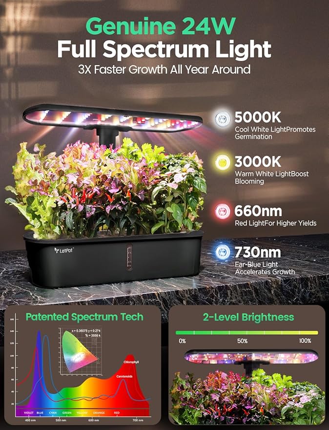 LETPOT LPH-Air Hydroponics Growing System Kits APP &amp WiFi Controlled Smart Indoor Garden with 24W Grow Light Full Spectrum 10 Pods Planter Indoor Gardening for Gifts Kitchen Vegetable (Black)