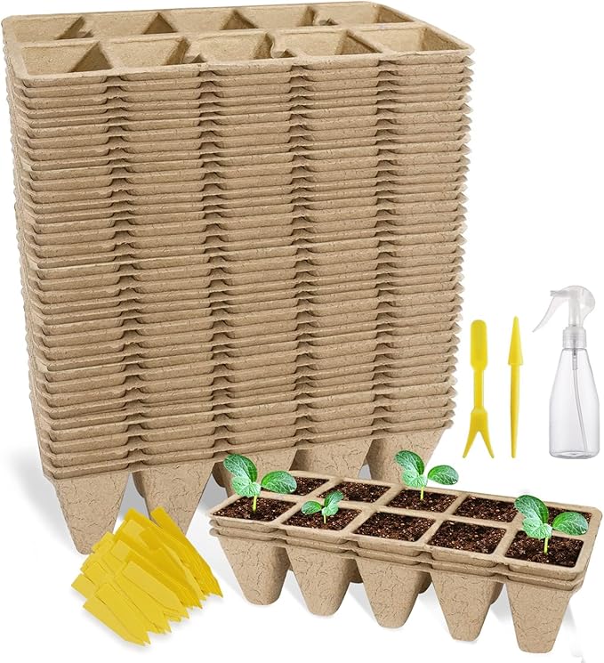SYITCUN 400 Cells Seed Starter Tray 40 Pack Biodegradable Seed Starter Kit Peat Pots for Seedlings with 400 Plant Labels 2 Seed Planting Tool and 1 Spray Bottle