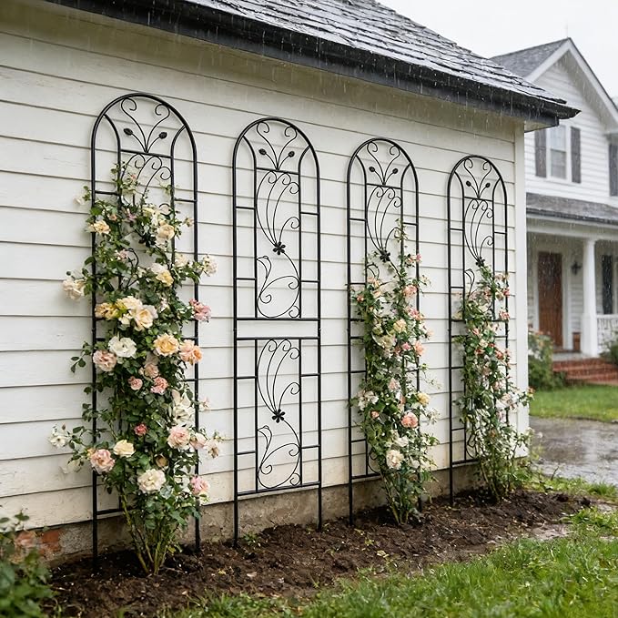 4 Pack Large Garden Trellis Heavy Duty Rustproof Iron Plant Trellis for Potted Plant Support Metal Climbing Rose Trellis Vine Vegetable CucumberBlack-86.7 H x 19.7 W