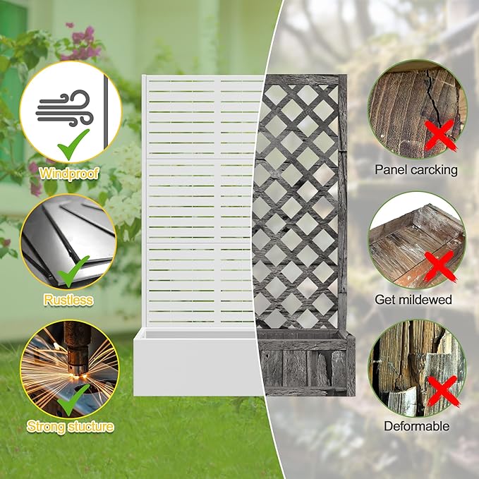 FENCY Metal Raised Garden Bed with Trellis Metal Planter Box with Trellis Garden Box for Climbing Plants Vegetable 35 Lx16 Wx71 H Garden Bed with Drainage Holes(White-Louvered)