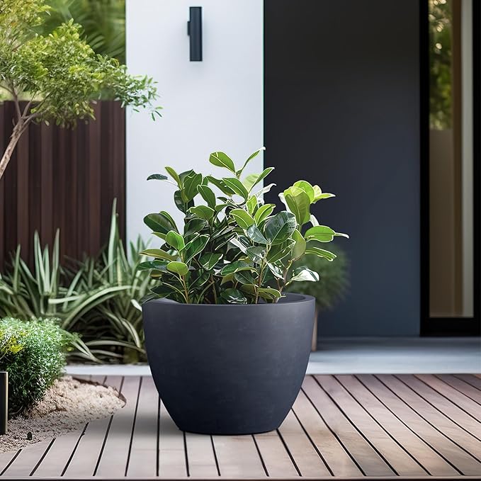 Kante 17.3 Inch Round Concrete Planter - Classic Large Indoor/Outdoor Plant Pot with Drainage Hole and Rubber Plug Suitable for Gardens and Patios Charcoal