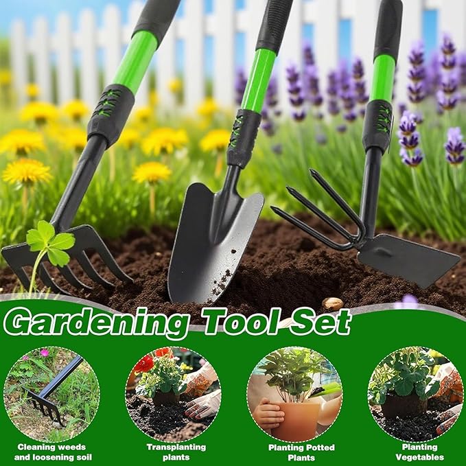 Garden Tool Set 3 Pack Stainless Steel Heavy Duty Hand Cultivator Hoes Shovel for Planting Weeding Digging Green