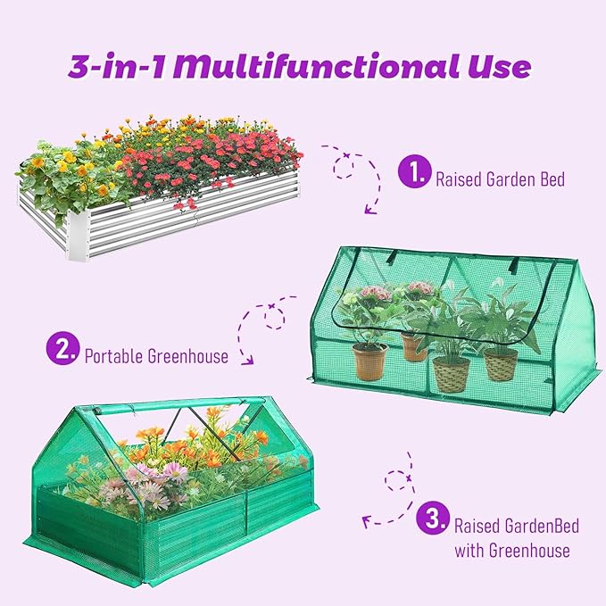 3-in-1 Raised Garden Bed with Greenhouse (72.8×37.4×36 with Cover 71×35.4×12 Bed Alone) Outdoor/Indoor Mini Greenhouse Kit for Vegetables Flowers Herb Planter