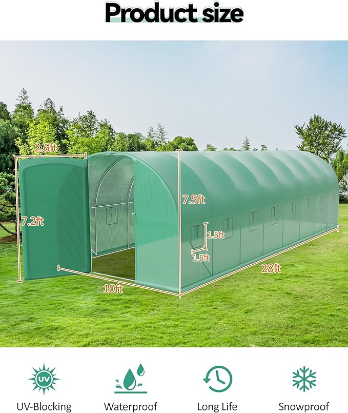 Green House 28x10x7.5 Ft Walk-in Tunnel Green House with Swing Door &amp Vent Windows Portable Garden House for Outdoor Winter Planting &amp Growing