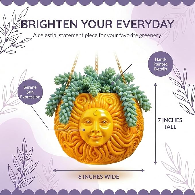 Fun &amp Unique Sun Face Hanging Planter Quirky Celestial Decor for Plant Lovers – Indoor Outdoor Flower Basket for Succulents &amp Small Plants – Decorative Garden Yard Art