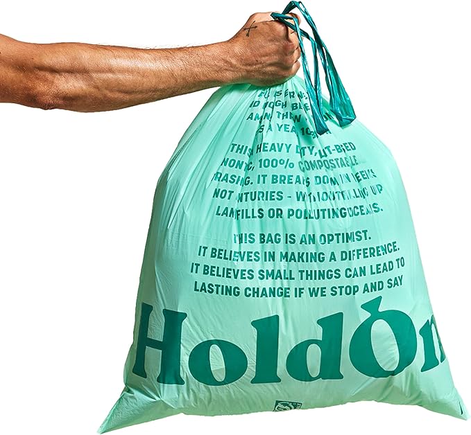 HoldOn 13-Gallon Trash Bags – Plant-based Tall Kitchen Trash Bags with Drawstring Handles for Tall Trash Bins Heavy-duty and Compostable Large Trash Bags (40 bags)