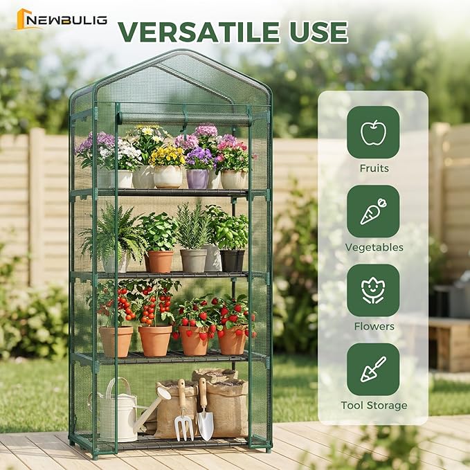 NEWBULIG 4-Tier Mini Greenhouse for Outdoors Small Green House with Sturdy Frame and Durable Green PE Cover Portable Greenhouse for Outside and Indoor Use 27.17 x 19.29 x 63.4 Inches