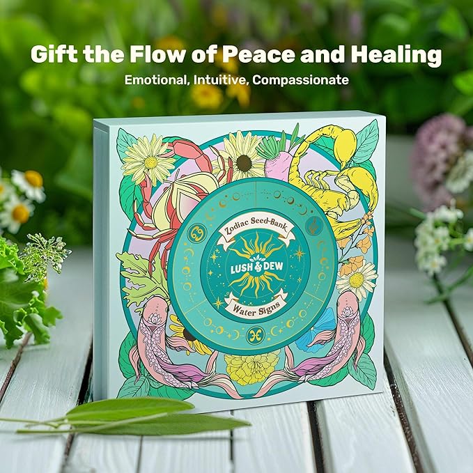 Lush&ampDew Zodiac Garden Seed Bank Gardening Gifts for Women Men 12 Varieties Non-GMO Vegetables Herb Seeds in Seed Organizer Magnetic Gift Box Witchcraft Supplies with Moon Calendar (Water Sign