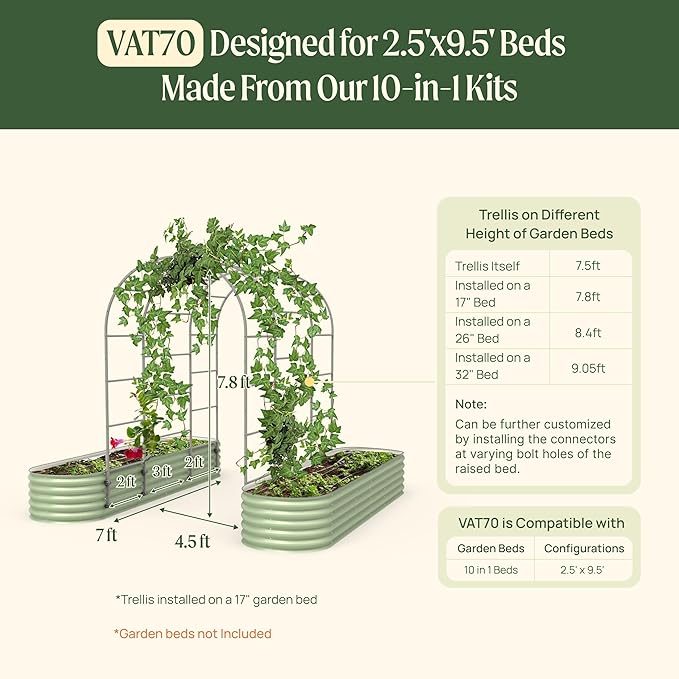 Vego Garden Modular Arched Trellis System 7.0' Long Trellis for 2.5' x 9.5' (10 in 1) Garden Bed for Climbing Plants Like Cucumber Beans Tomatoes &amp Vines (Garden Beds Not Included)