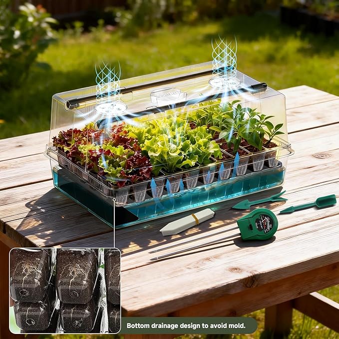 Self-Watering Seed Starter Tray with Grow Lights 60 Cells Seed Starter Kit Full Spectrum Grow Light for Seed Starting Timing Set Germination Tray Grow Kits with High Humidity Domes