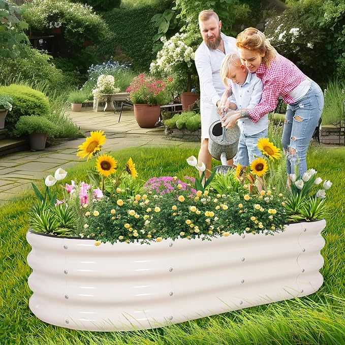 1MORE Galvanized Raised Garden Bed- Planter Garden Boxes Outdoor Raised Beds for Gardening 4x2x1ft Metal Garden Bed Kit for Vegetables Flower Planter Raised Beds with Protective Tape &amp Tools.Wh