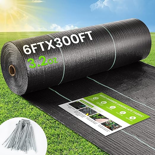 Weed Barrier Fabric 6x300ft Landscape Fabric 3.2oz Heavy Duty Durable Woven Geotextile Fabric High Permeability Ground Cover Mat Driveway Fabric Garden Weed Control Cloth with 20 U-Securing Pegs