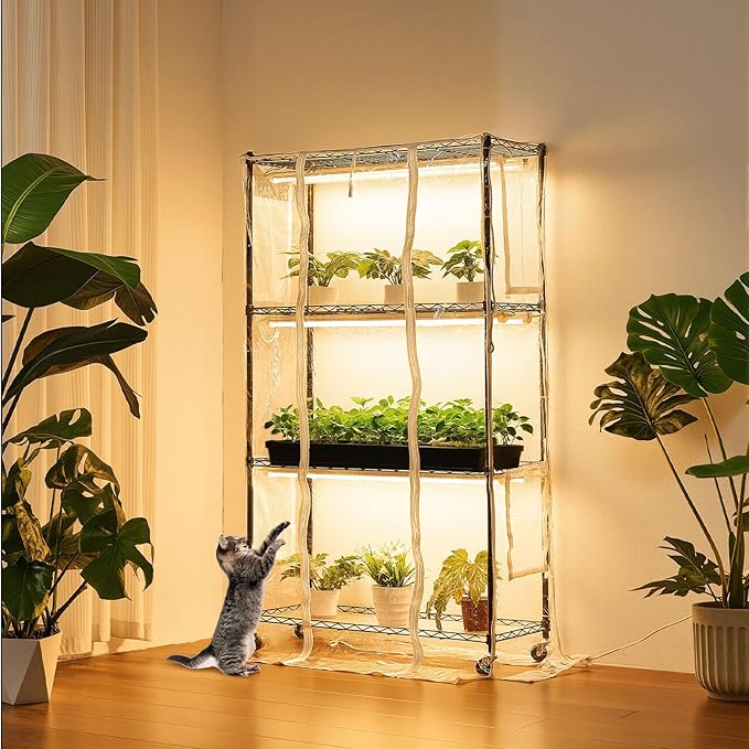 VEVOR Indoor Greenhouse with Grow Light 59 in Tall 4-Tier Plant Stand with Clear Cover Timer &amp Hygrometer 180W Full Spectrum Grow Lights Metal Lighted Plants Shelf Holder for Indoor Plants