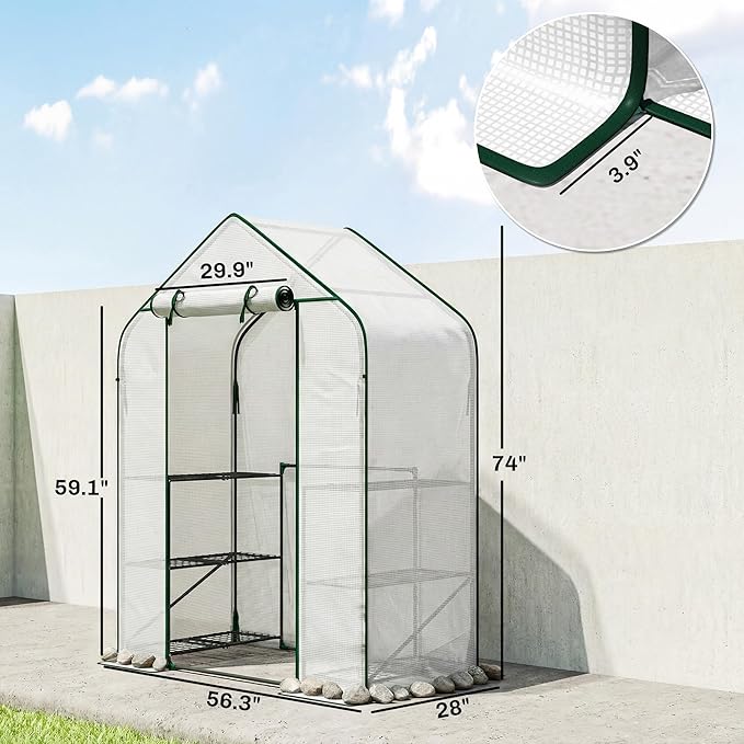 Outsunny 4.7' x 2.3' x 6.2' Small Greenhouse for Outdoors 3 Tiers 6 Shelves Portable Greenhouse with UV-Resistant PE Cover Walk-in Green House with Roll-Up Door White