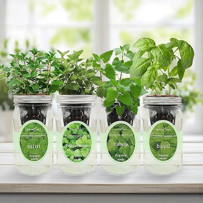 Hydroponic Herb Growing Kit Set Self-Watering Mason Jar Herb Garden Starter Kit Indoor New Christmas Gift for Mom (CatnipPeppermintMint&ampBasil)