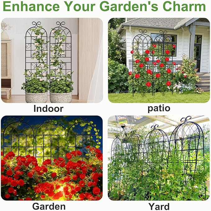 YOBAZAN 4 Pack 72x20in Rustic Iron Arch Decoration Garden Trellis with Black Metal Coating – Perfect for Supporting Climbing Plants Outdoor Roses Vines Flowers and Vegetables.